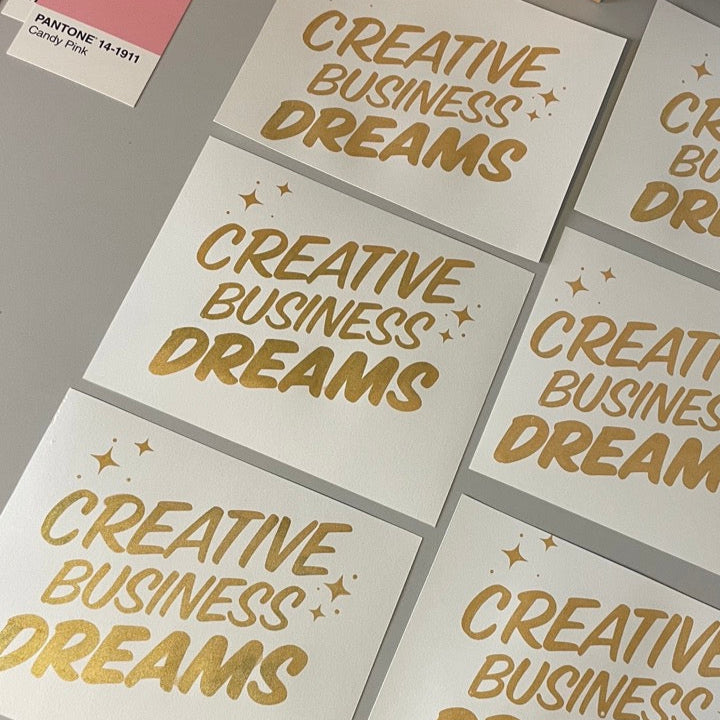 Creative Business Dreams" Art Print – Gold Ink on White Paper, Inspiring Wall Decor for Small Biz Owners