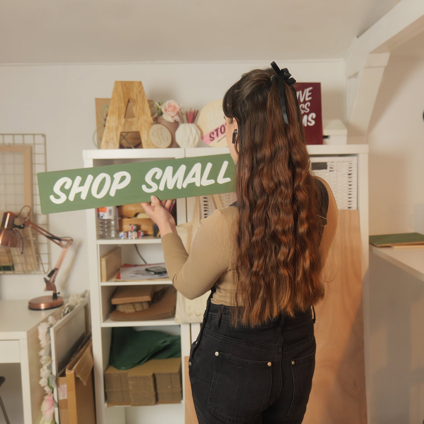 Hand-Painted "Shop Small" Sign – Perfect Small Business Studio Decor